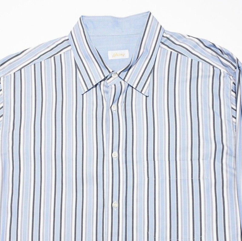 Brioni Shirt 19 Men's Dress Shirt Blue Striped Long Sleeve Italy Designer