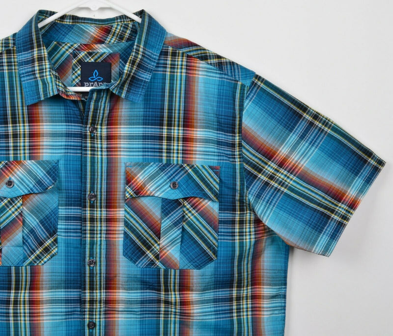 Prana Men's Sz Large Blue Plaid Organic Cotton Polyester Hiking Casual Shirt