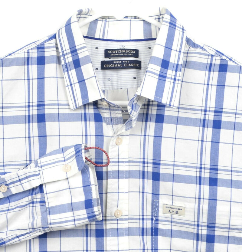 Scotch & Soda Men's Large Amsterdam Couture Blue White Plaid Button-Front Shirt