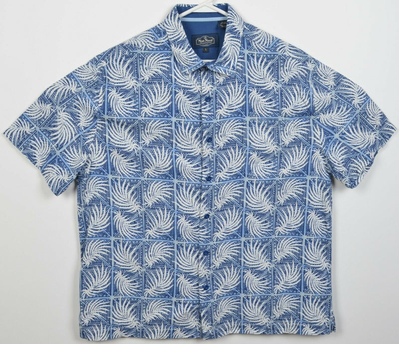 Nat Nast Men's Large Silk Blend Blue Geometric Hawaiian Bowling Retro Shirt