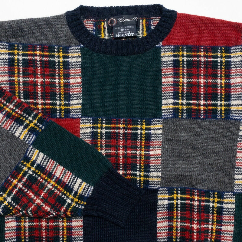 Faconnable Men's 2XL Patchwork Plaid 100% Wool Crewneck Pullover Sweater