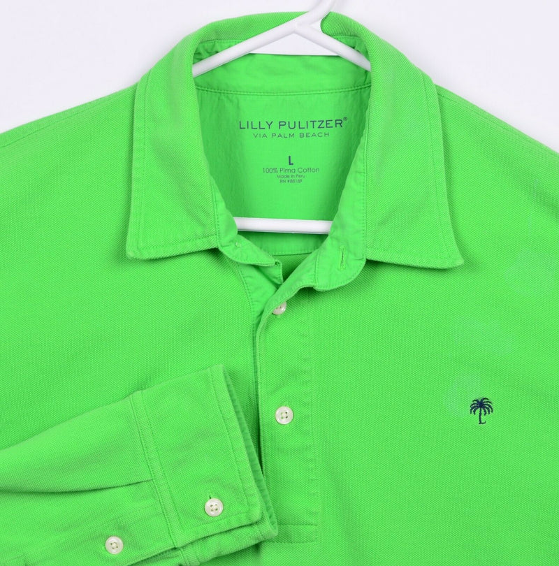 Lilly Pulitzer Men's Large Solid Green Via Palm Beach Long Sleeve Polo Shirt
