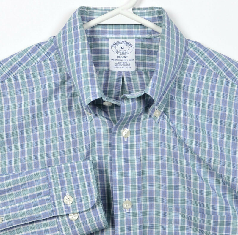 Brooks Brothers Men's Medium Non-Iron Blue Plaid Regent Button-Down Dress Shirt