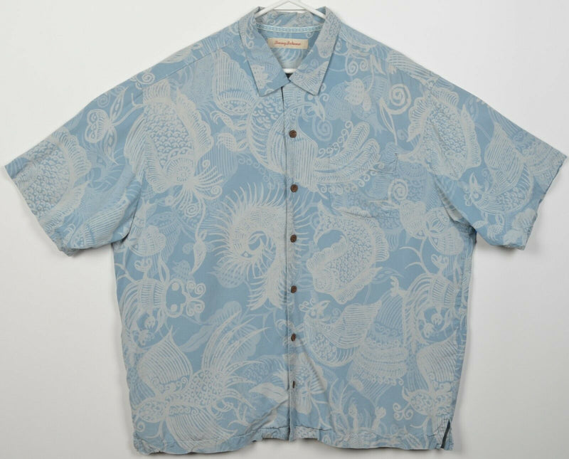 Tommy Bahama Men's XL Floral Geometric Blue Silk Rayon Blend Hawaiian Shirt
