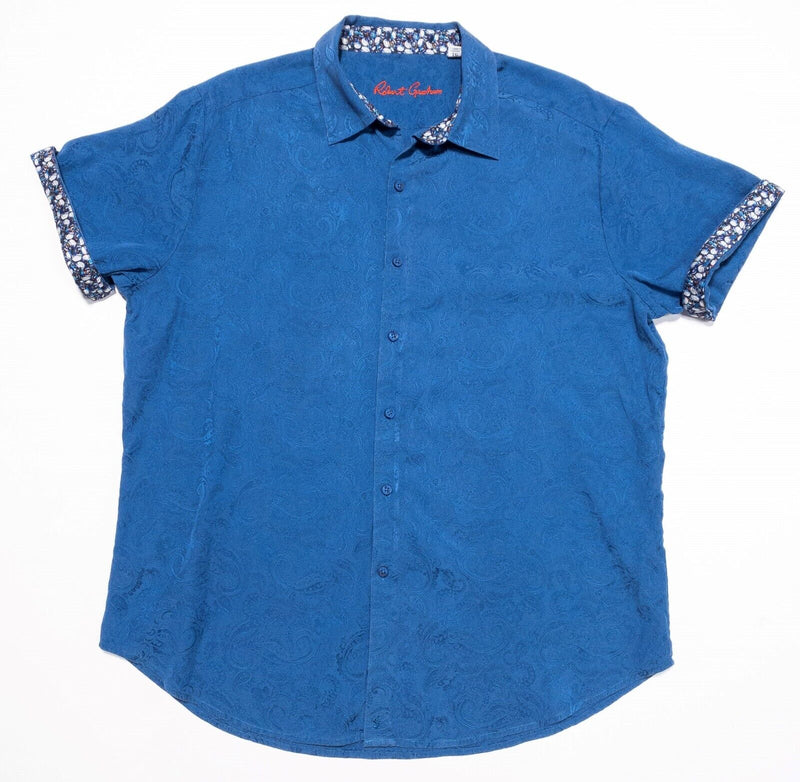 Robert Graham Silk Shirt XL Classic Fit Mens Paisley Blue Flip Cuff Short Sleeve