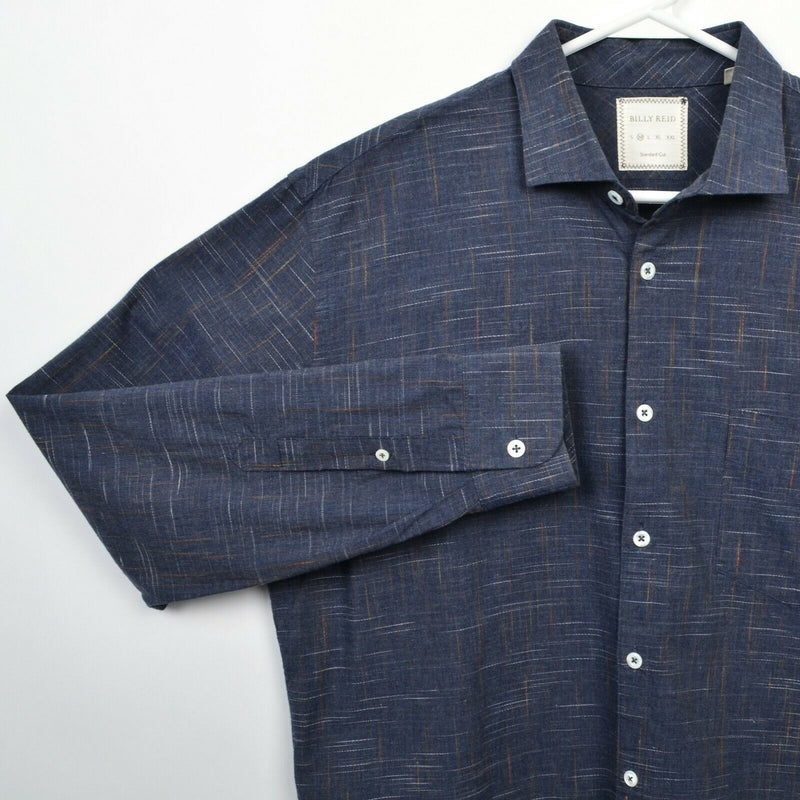 Billy Reid Men's Medium Standard Cut Blue Geometric Stitch Button-Front Shirt