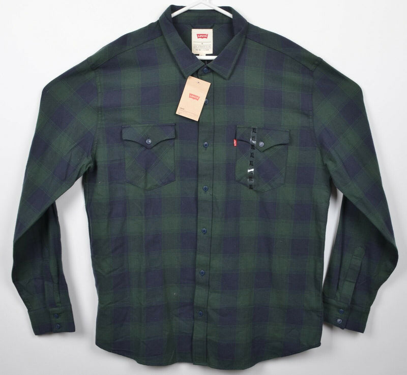 Levi's Men's XL Pine Green Navy Blue Plaid Red Tab Button-Front Shirt