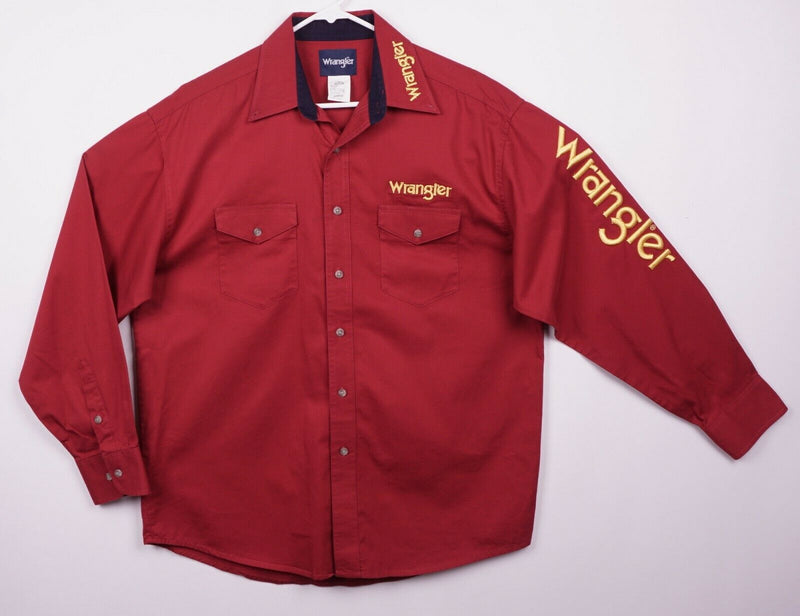 Wrangler Men's Sz Large Embroidered Spell Out Bull Rider Rodeo Red Western Shirt