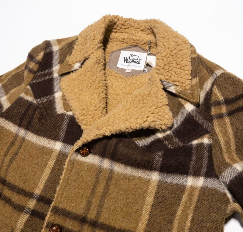 Vintage Woolrich Wool Coat Men's 44 (XL) Plaid Sherpa Lined Brown 70s Collared