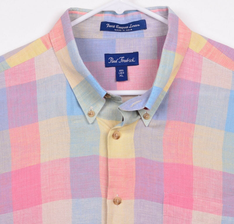 Paul Frederick Men's Sz XL 100% Linen Multicolor Rainbow Plaid Check Shirt