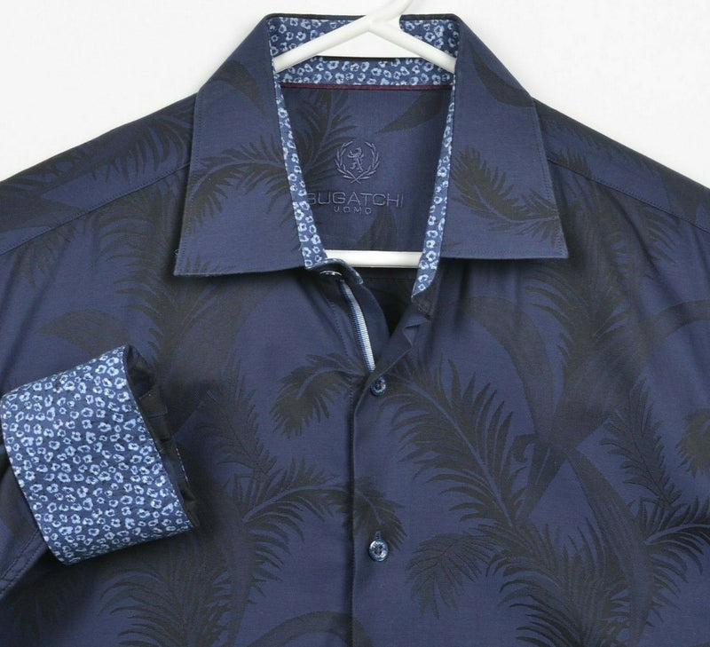 Bugatchi Uomo Men's Medium Classic Fit Flip Cuff Navy Floral Button-Front Shirt