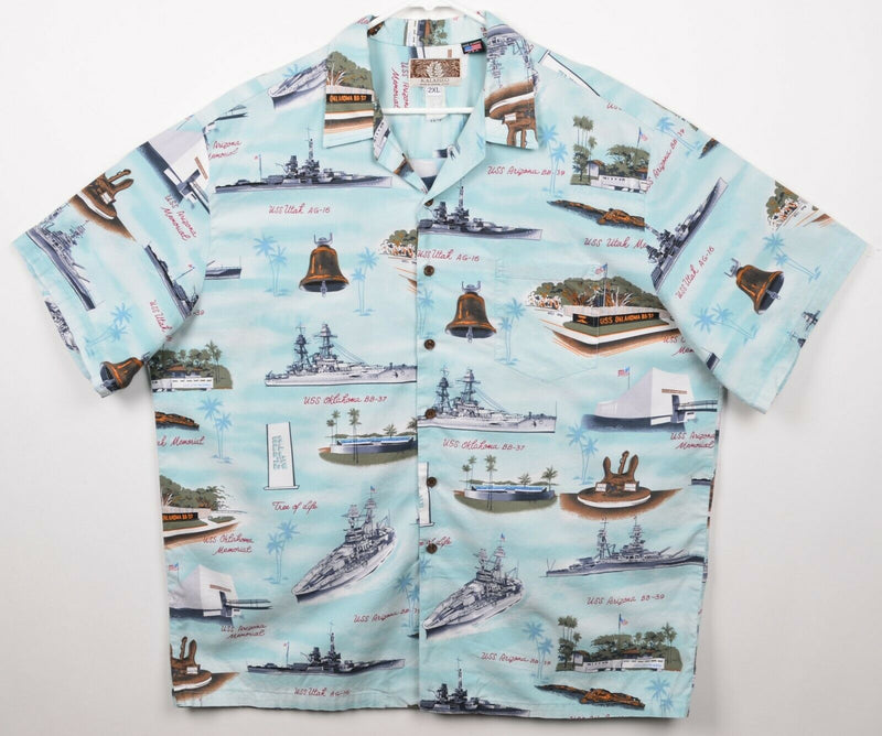 Vtg Kalaheo Men's Sz 2XL Navy WWII Battleship Rayon Blend Hawaiian Aloha Shirt