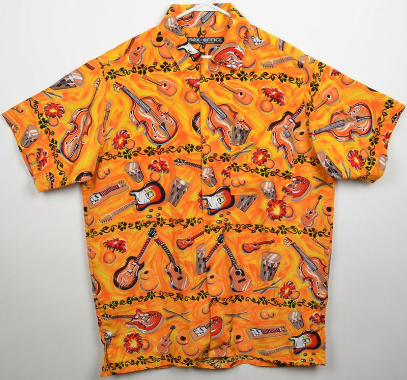Box-Office Island Men's XLT Guitar Floral Orange Hawaiian Polyester Camp Shirt