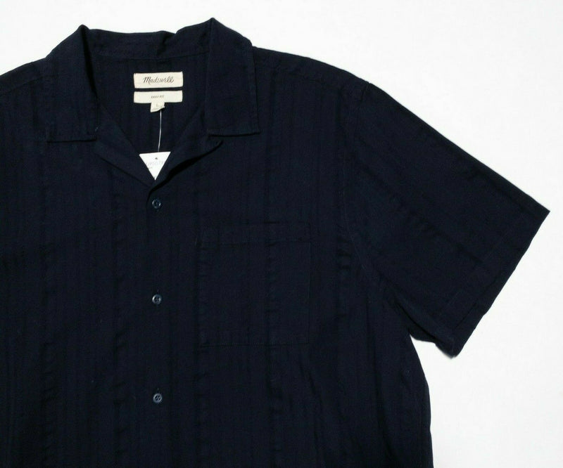 Madewell Camp Shirt Large Easy Fit Men's Navy Blue Textured Striped Short Sleeve