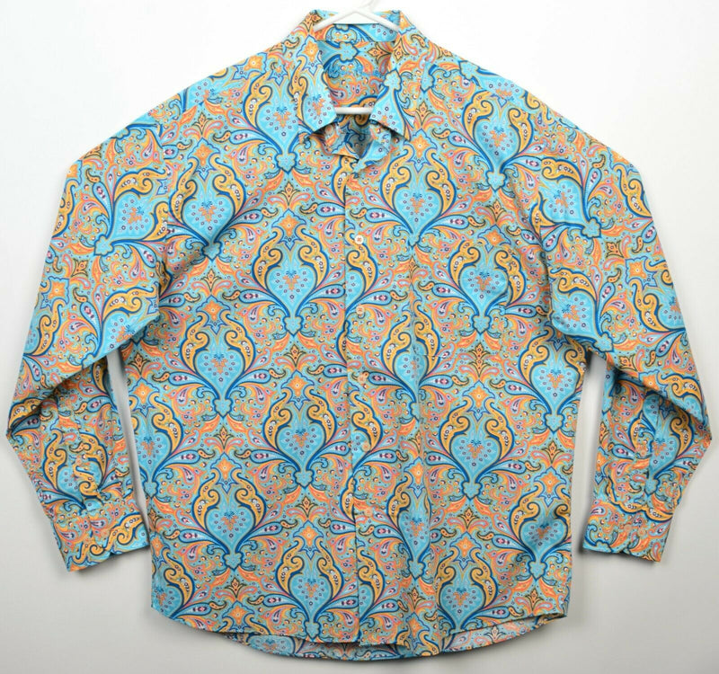 Alan Flusser Men's Large Paisley Aqua Blue Orange Yellow Multi-Color Shirt