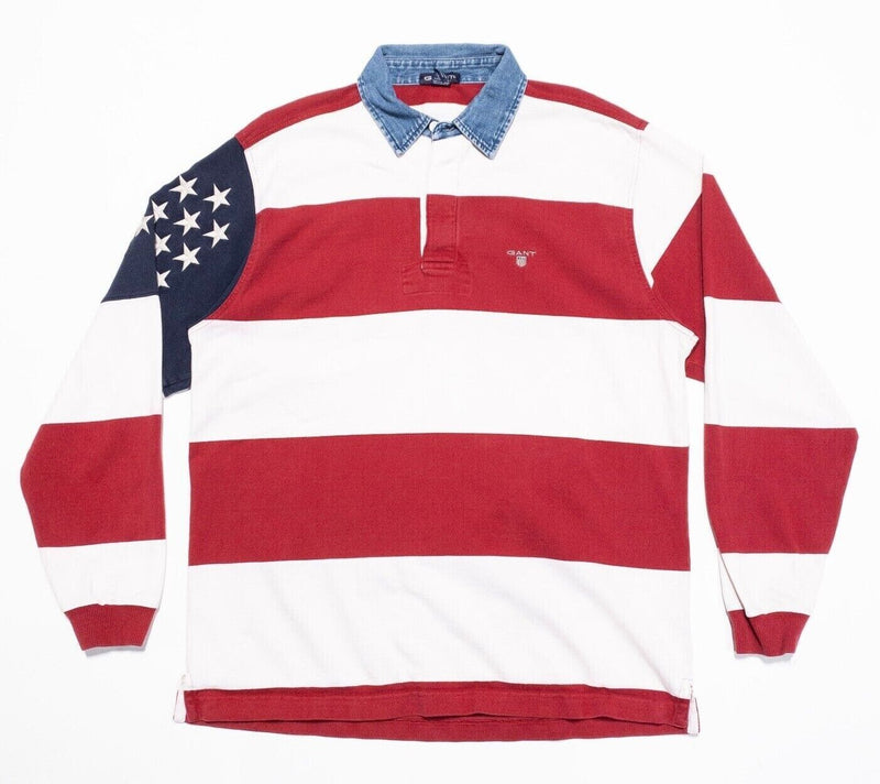 GANT Rugby Shirt Men's Large USA Flag Red White Chunky Stripe Long Sleeve Polo