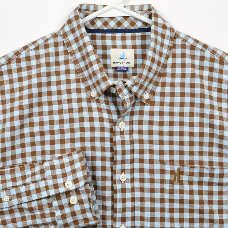 Johnnie-O Hangin' Out Men's XL Brown Gingham Check Surfer Logo Button-Down Shirt