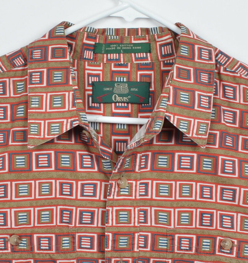 Vtg Orvis Men's Sz Large Red Brown Geometric Button-Front Camp Shirt
