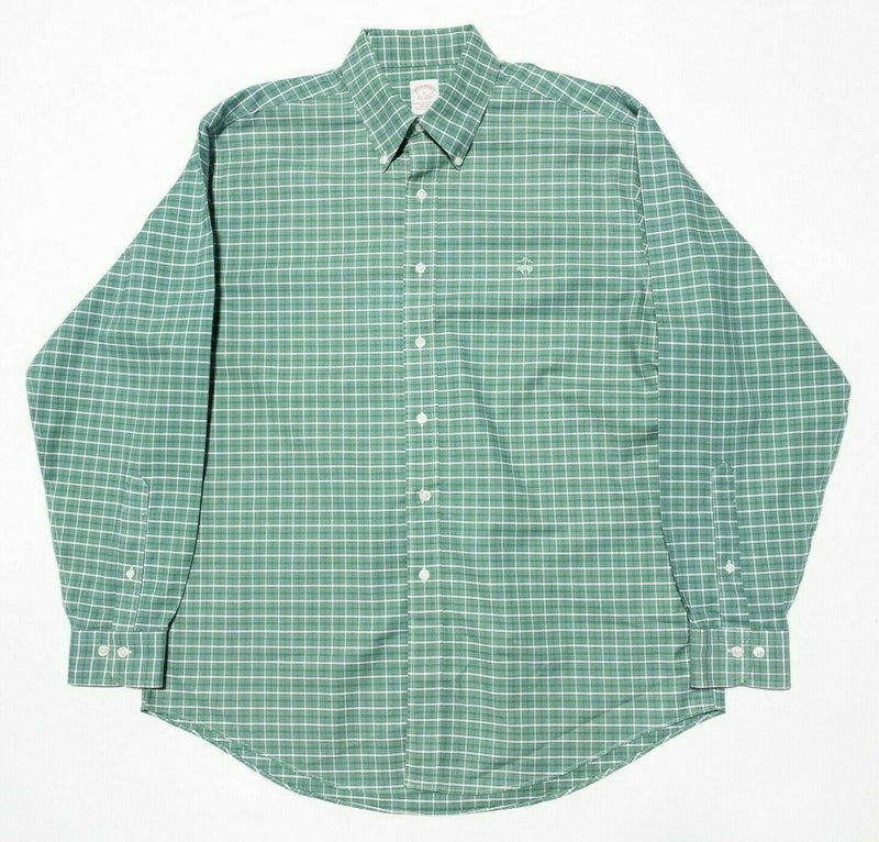 Brooks Brothers Non-Iron Button-Down Shirt Green Plaid Sheep Logo Men's Large