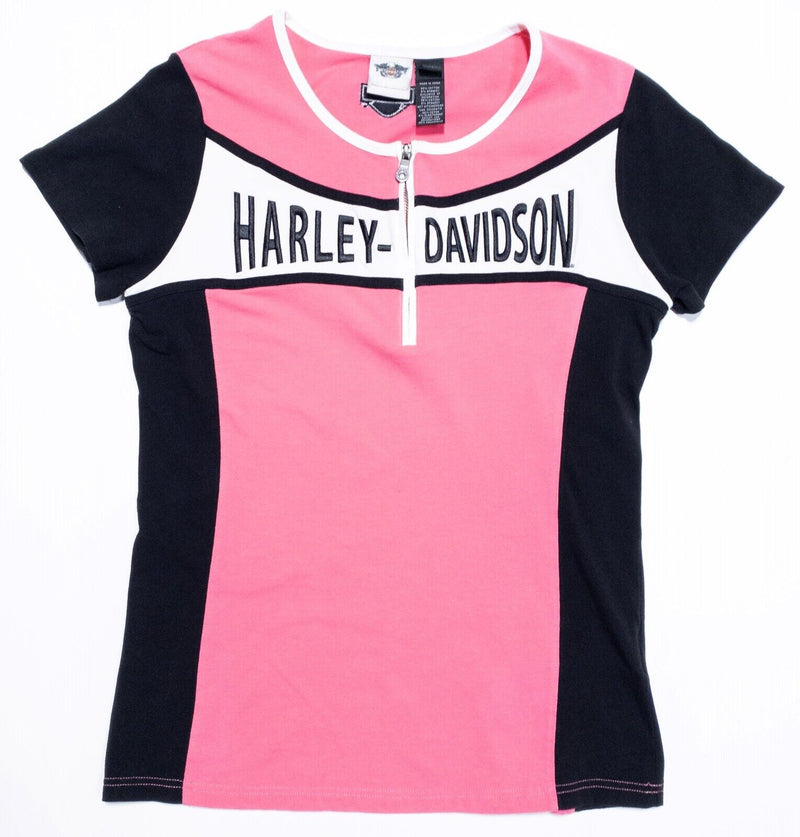Harley-Davidson Women's Top Large Pink 1/4 Zip Biker Spell Out Logo Short Sleeve