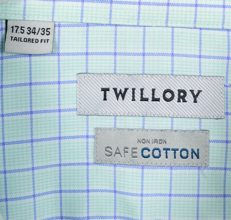 Twillory Men's 17.5 34/35 Mint Green Blue Plaid NonIron SafeCotton Dress Shirt