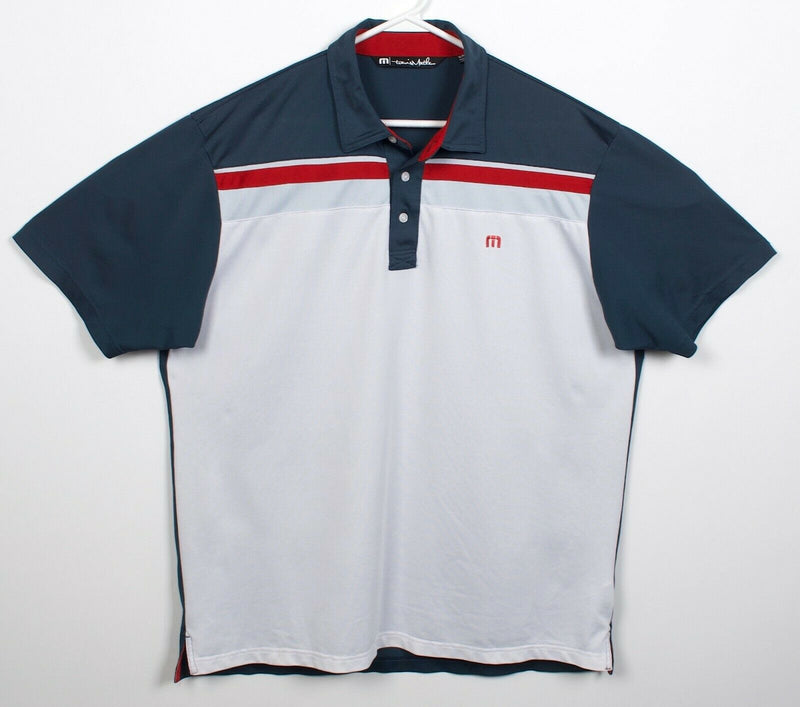 Travis Mathew Men's XL White Blue Red Striped Polyester Wicking Golf Polo Shirt