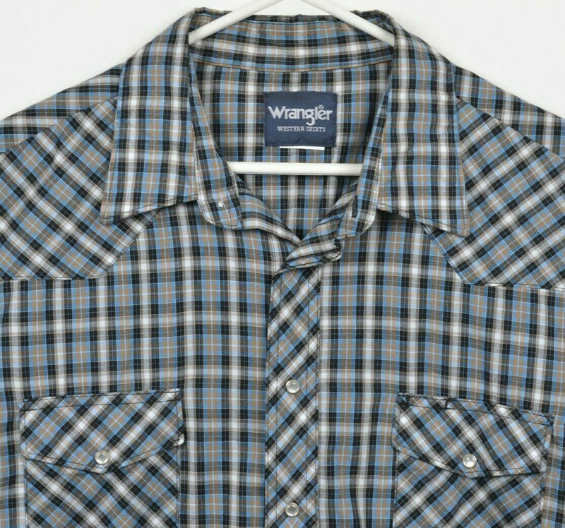 Wrangler Men's 2XL? Pearl Snap Black Blue Plaid Check Western Shirt