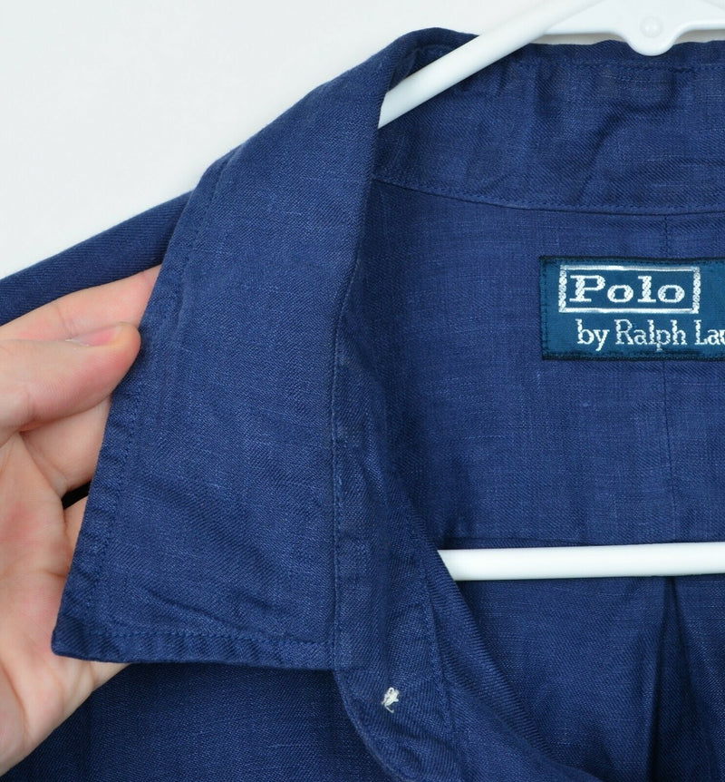Polo Ralph Lauren Men’s Sz Large 100% Linen Solid Navy Blue Button-Front Shirt