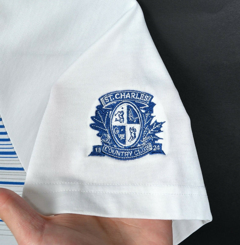 Travis Mathew Men's XL Golf White Blue Striped Cotton Blend Pocket Polo Shirt