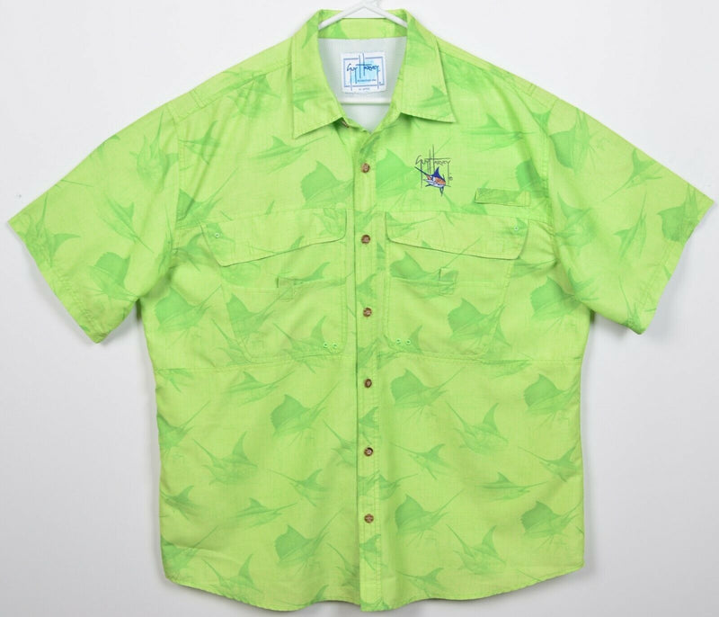 Guy Harvey Men's XL? Vented Fishing Green Marlin Hawaiian Button-Front Shirt