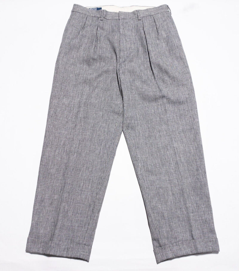 Polo Ralph Lauren Linen Pants Men's 36x32 Pleated Houndstooth Plaid Gray Vintage