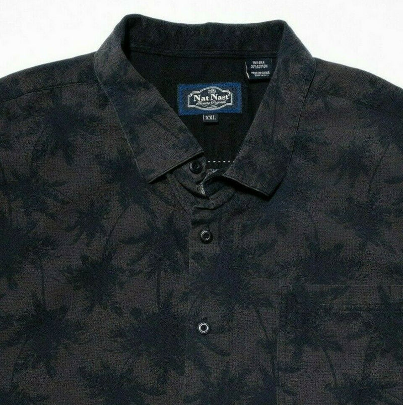 Nat Nast XXL Silk Shirt Men's Hawaiian Floral Palm Bowling Retro Brown Black