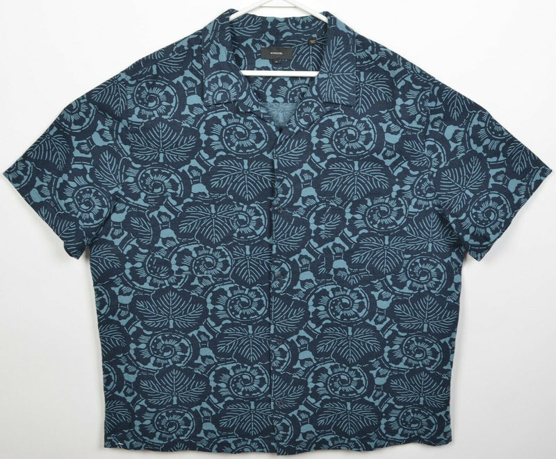 VINCE. Men's XL Floral Linen Rayon Blend Blue Button-Front Hawaiian Shirt