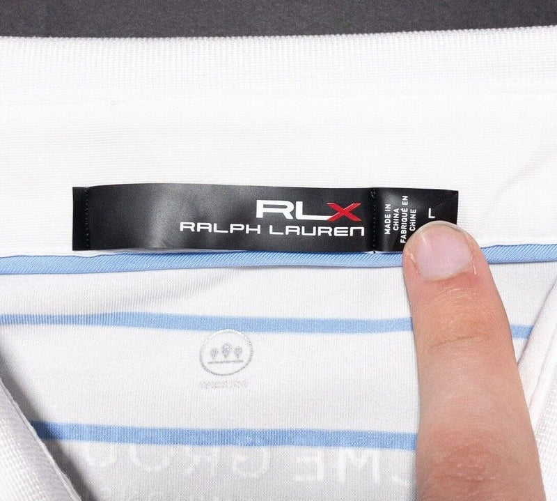 RLX Ralph Lauren Golf Polo Large Men's Wicking White Blue Striped CME Tour