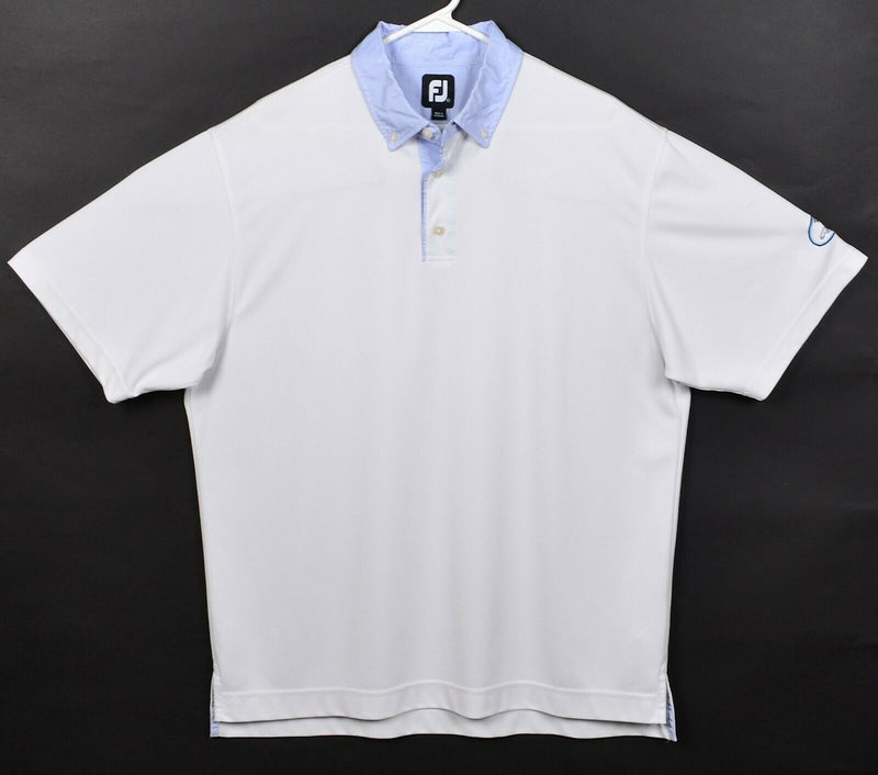 FootJoy Men's Large Solid White Blue Check Collar FJ Golf Wicking Polo Shirt
