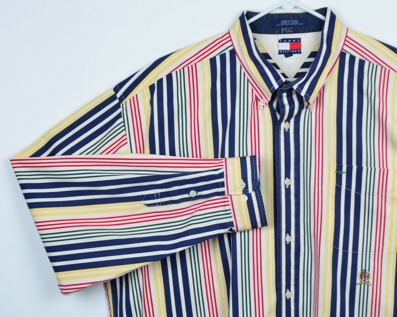 Vintage 90s Tommy Hilfiger Men's 2XL Multi-Color Striped Lion Crest Button Shirt