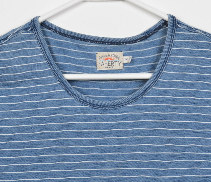 Faherty Brand Men's 2XL Indigo Dyed Blue Striped Crewneck Pocket T-Shirt