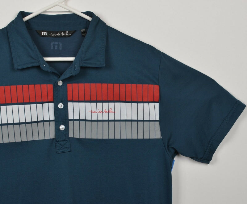 Travis Mathew Men's Large Blue Red Gray Striped Cotton Poly Golf Polo Shirt