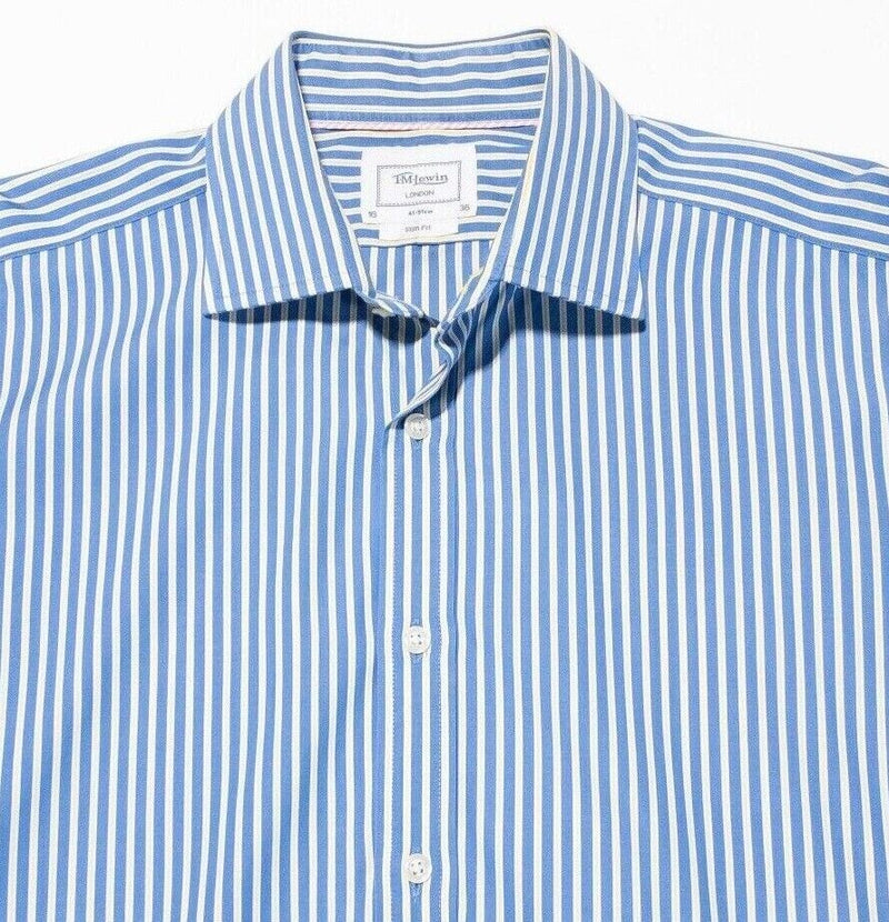 T.M.Lewin 16-36 Slim Fit Men's Shirt French Cuff Blue Yellow Stripe Long Sleeve