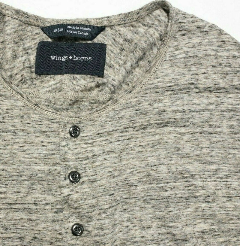 Wing + Horns Men's Medium 3-Button Heather Gray/Brown Long Sleeve Henley Shirt