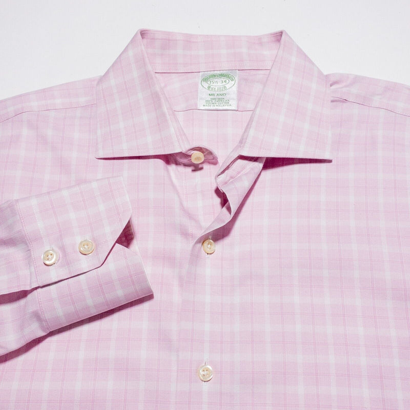 Brooks Brothers Milano Dress Shirt Men's 15.5-34 Pink Plaid Non-Iron Business