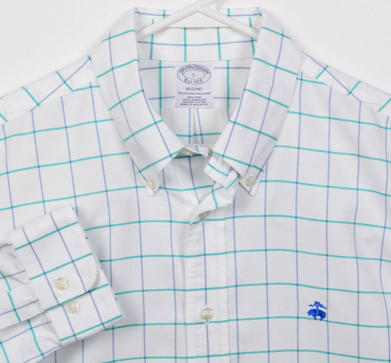 Brooks Brothers Men's Large White Blue Graph Check Non-Iron Button-Down Shirt