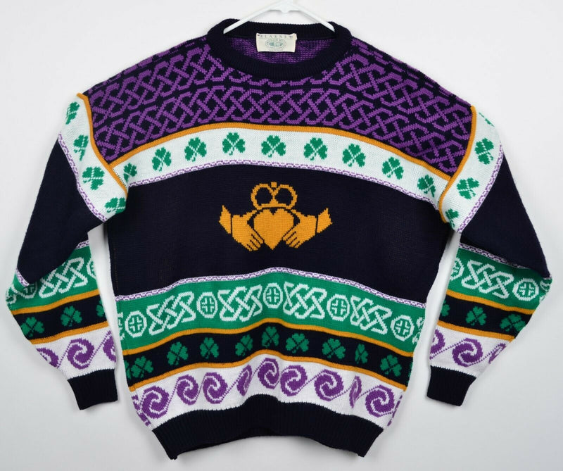Blarney Woolen Mills Adult Medium Claddagh Ring Shamrock Purple Irish Sweater