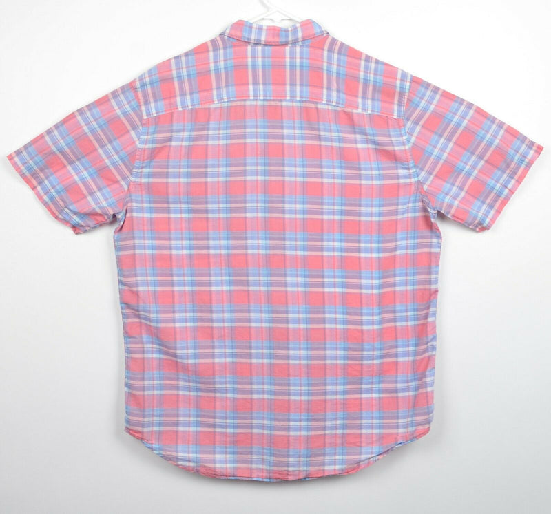 Faherty Brand Men's Large Pink Blue Plaid Cotton Linen Blend Button-Front Shirt