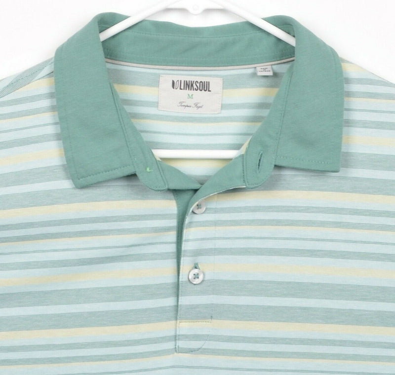 Linksoul Men's Sz Medium Green Yellow Striped Short Sleeve Golf Polo Shirt