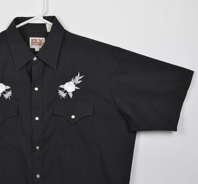 Ely Cattleman Men's Large Pearl Snap Embroidered Rose Black Western Shirt