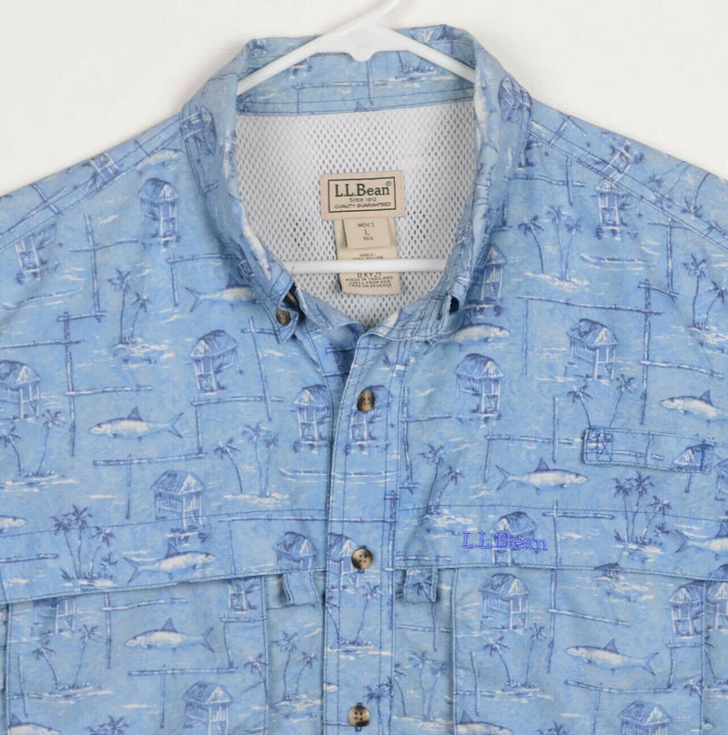 LL Bean Men's Sz Large Regular Vented Fish Tiki Hut Pattern Fishing Hiking Shirt