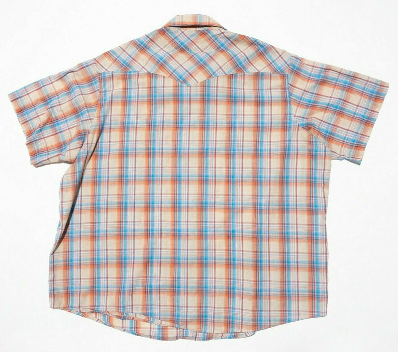 Wrangler Pearl Snap Shirt 2XL Men's Short Sleeve Western Orange Blue Plaid