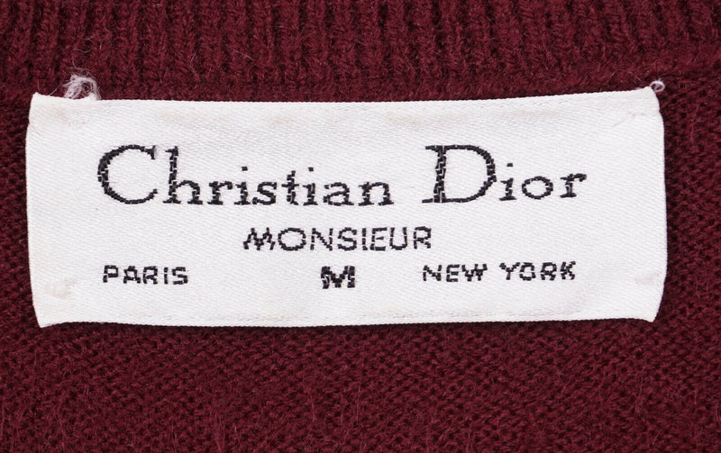Vtg 80s Christian Dior Men's Medium Burgundy V-Neck Cable-Knit Acrylic Sweater