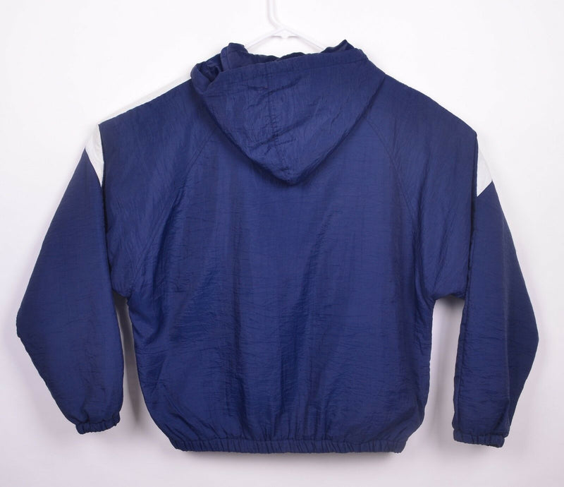 Vintage 90s Reebok Men's XL Big Logo White Blue Hooded Spell Out Puffer Jacket
